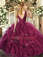 Fuchsia Backless Ball Gown Prom Dress Beading Sleeveless Floor Length