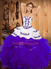 White And Purple Sleeveless Embroidery and Ruffles Floor Length Sweet 16 Dresses