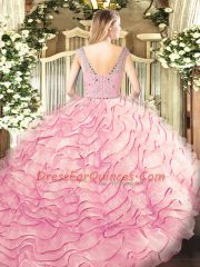 Inexpensive Lilac Ball Gowns Tulle Bateau Sleeveless Beading and Ruffled Layers Zipper 15 Quinceanera Dress Sweep Train