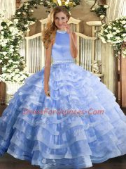 Custom Designed Blue Sleeveless Organza Backless Quince Ball Gowns for Military Ball and Sweet 16 and Quinceanera