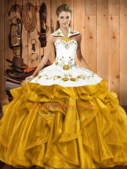 Dramatic Sleeveless Floor Length Embroidery and Ruffles Lace Up Vestidos de Quinceanera with Gold