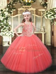 Cute Coral Red Ball Gowns Tulle Straps Sleeveless Beading Floor Length Lace Up Pageant Dress