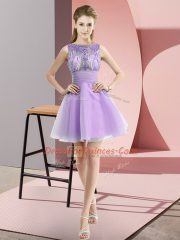 Fine Lavender Chiffon Zipper Bateau Sleeveless Mini Length Evening Dress Beading and Bowknot