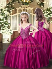 Fuchsia Lace Up Girls Pageant Dresses Beading Sleeveless Floor Length