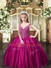 Fuchsia Lace Up Girls Pageant Dresses Beading Sleeveless Floor Length