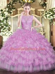 Superior Floor Length Backless Vestidos de Quinceanera Lilac for Military Ball and Sweet 16 and Quinceanera with Beading and Ruffled Layers
