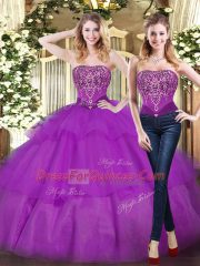 Comfortable Sleeveless Tulle Floor Length Lace Up Quinceanera Dresses in Eggplant Purple with Beading and Ruffled Layers