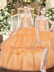 Glittering Orange Red Lace Up Off The Shoulder Beading and Ruffled Layers Quinceanera Dress Organza Sleeveless