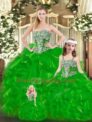Chic Green Lace Up Strapless Beading and Ruffles Ball Gown Prom Dress Organza Sleeveless