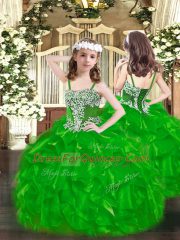 Chic Green Lace Up Strapless Beading and Ruffles Ball Gown Prom Dress Organza Sleeveless