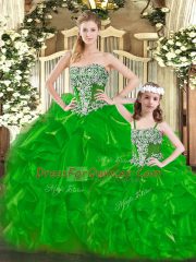 Chic Green Lace Up Strapless Beading and Ruffles Ball Gown Prom Dress Organza Sleeveless