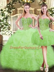 Floor Length Yellow Green Sweet 16 Dresses Organza Sleeveless Beading and Ruffles