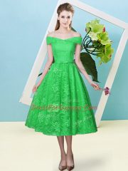 Hot Selling Off The Shoulder Cap Sleeves Dama Dress Tea Length Bowknot Green Lace