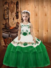 Great Green Organza Lace Up Straps Sleeveless Floor Length Girls Pageant Dresses Embroidery and Ruffled Layers