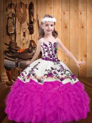 Fuchsia Straps Lace Up Embroidery and Ruffles Pageant Gowns For Girls Sleeveless