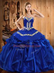 Floor Length Royal Blue 15 Quinceanera Dress Satin and Organza Sleeveless Embroidery and Ruffles