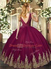 Dazzling Fuchsia Backless V-neck Beading and Appliques and Ruching Quinceanera Dress Tulle Sleeveless