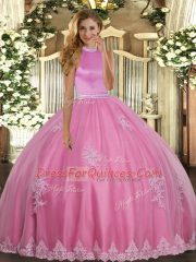 Dramatic Rose Pink Tulle Backless Halter Top Sleeveless Floor Length Quinceanera Gowns Beading and Appliques