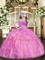 Rose Pink Straps Lace Up Beading Pageant Dress for Womens Sleeveless