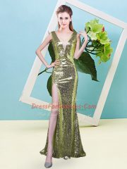 Artistic Sleeveless Floor Length Sequins Zipper Evening Dress with Yellow Green