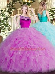 Lilac Ball Gowns Beading and Ruffles Quinceanera Gowns Zipper Organza Sleeveless Floor Length