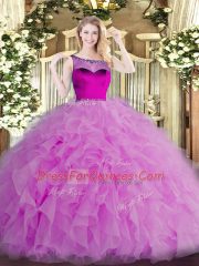 Lilac Ball Gowns Beading and Ruffles Quinceanera Gowns Zipper Organza Sleeveless Floor Length
