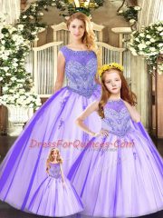 Sleeveless Floor Length Beading Lace Up 15th Birthday Dress with Eggplant Purple