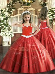 Hot Selling Red Ball Gowns Tulle Straps Sleeveless Appliques Floor Length Lace Up Girls Pageant Dresses