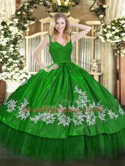 Elegant Green Taffeta Backless Sweet 16 Quinceanera Dress Sleeveless Floor Length Beading and Lace and Appliques