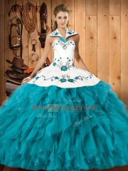 Halter Top Sleeveless Lace Up Quinceanera Gowns Teal Satin and Organza