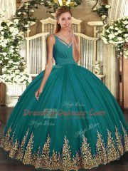 Ball Gowns Quinceanera Gowns Turquoise V-neck Tulle Sleeveless Floor Length Backless