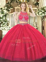 Suitable Beading Ball Gown Prom Dress Coral Red Zipper Sleeveless Floor Length