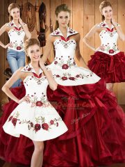 Great Floor Length Lace Up Quinceanera Dresses Wine Red for Military Ball and Sweet 16 and Quinceanera with Embroidery and Ruffles