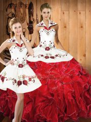 White And Red Lace Up Quinceanera Dress Embroidery and Ruffles Sleeveless Floor Length