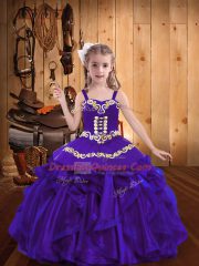 Purple Ball Gowns Embroidery and Ruffles Little Girls Pageant Dress Wholesale Lace Up Organza Sleeveless Floor Length