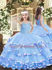 Adorable Floor Length Lace Up Sweet 16 Dresses Lavender for Military Ball and Sweet 16 and Quinceanera with Beading and Ruffled Layers