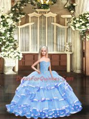 Adorable Floor Length Lace Up Sweet 16 Dresses Lavender for Military Ball and Sweet 16 and Quinceanera with Beading and Ruffled Layers