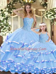 Adorable Floor Length Lace Up Sweet 16 Dresses Lavender for Military Ball and Sweet 16 and Quinceanera with Beading and Ruffled Layers