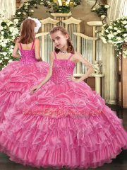 Dazzling Floor Length Rose Pink Ball Gown Prom Dress Organza Sleeveless Beading and Ruffled Layers
