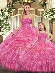 Dazzling Floor Length Rose Pink Ball Gown Prom Dress Organza Sleeveless Beading and Ruffled Layers