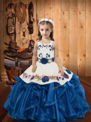 Fashionable Blue Ball Gowns Straps Sleeveless Organza Floor Length Lace Up Embroidery and Ruffles Child Pageant Dress