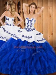 Blue And White Sleeveless Satin and Organza Lace Up Quince Ball Gowns for Military Ball and Sweet 16 and Quinceanera