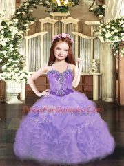 Floor Length Lavender Evening Gowns Organza Sleeveless Beading and Ruffles and Pick Ups