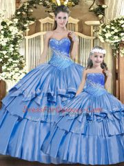 Fashion Floor Length Lace Up Sweet 16 Dresses Baby Blue for Military Ball and Sweet 16 and Quinceanera with Beading and Ruffles