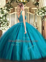 Purple Ball Gowns Tulle V-neck Sleeveless Beading Floor Length Zipper Sweet 16 Dresses