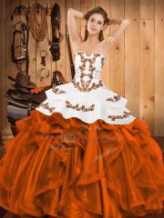 Top Selling Orange Red Satin and Organza Lace Up Strapless Sleeveless Floor Length 15 Quinceanera Dress Embroidery and Ruffles