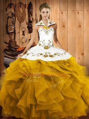 Gold Ball Gowns Tulle Halter Top Sleeveless Embroidery and Ruffles Floor Length Lace Up 15th Birthday Dress