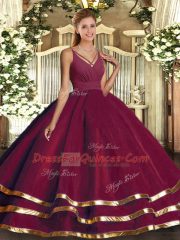 Beautiful Burgundy Backless V-neck Ruching Vestidos de Quinceanera Tulle Sleeveless