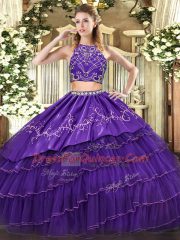 Purple Two Pieces Tulle High-neck Sleeveless Beading and Embroidery and Ruffled Layers Floor Length Zipper 15th Birthday Dress