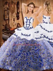 With Train Multi-color 15th Birthday Dress Satin and Fabric With Rolling Flowers Sweep Train Sleeveless Embroidery